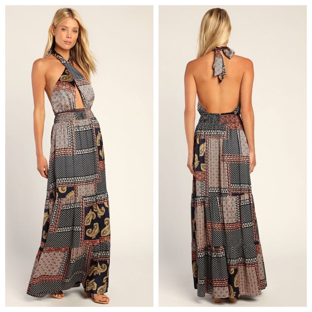 LULUS Trendy Travels Navy Blue Multi Scarf Print Halter Maxi Dress Size L NWT